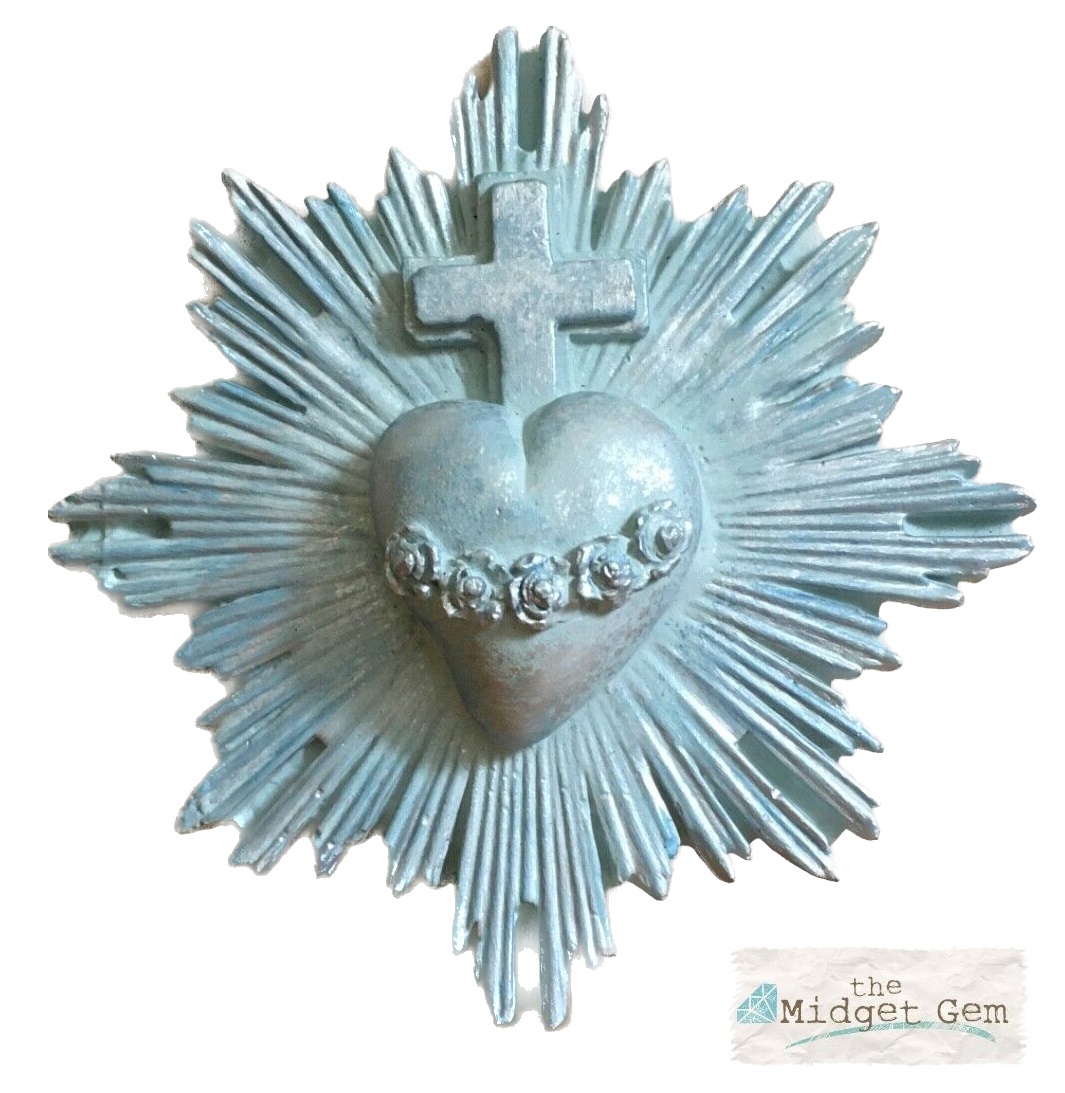 Sacred Milagro Heart & Cross Wall Plaque - Blue & Silver Patina
