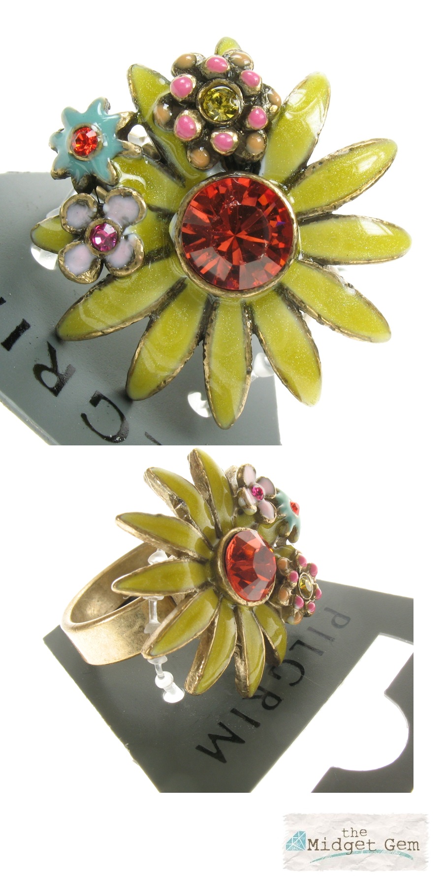 PILGRIM -  Daisy - Adjustable Ring Oxidised Gold Plate/Brights Yellow, Pink BNWT