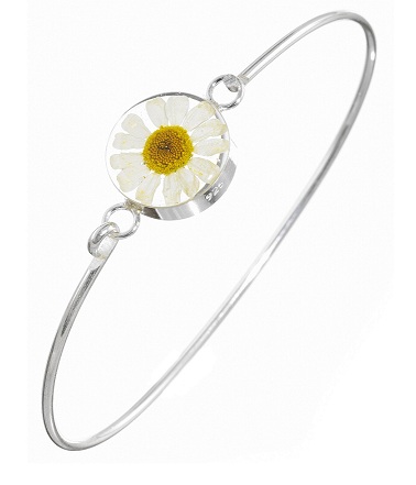 Daisy Flower Round Detail Bangle - Sterling 925 Silver