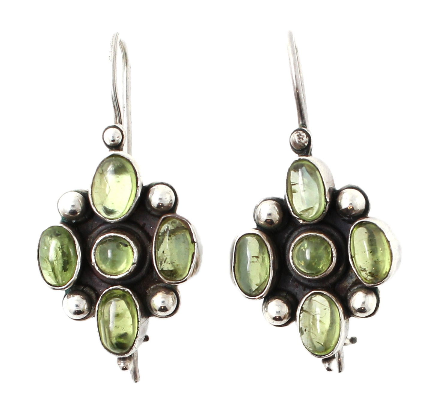 Green Peridot Cabochons & Sterling Silver 925 Drop Earrings - Vintage.