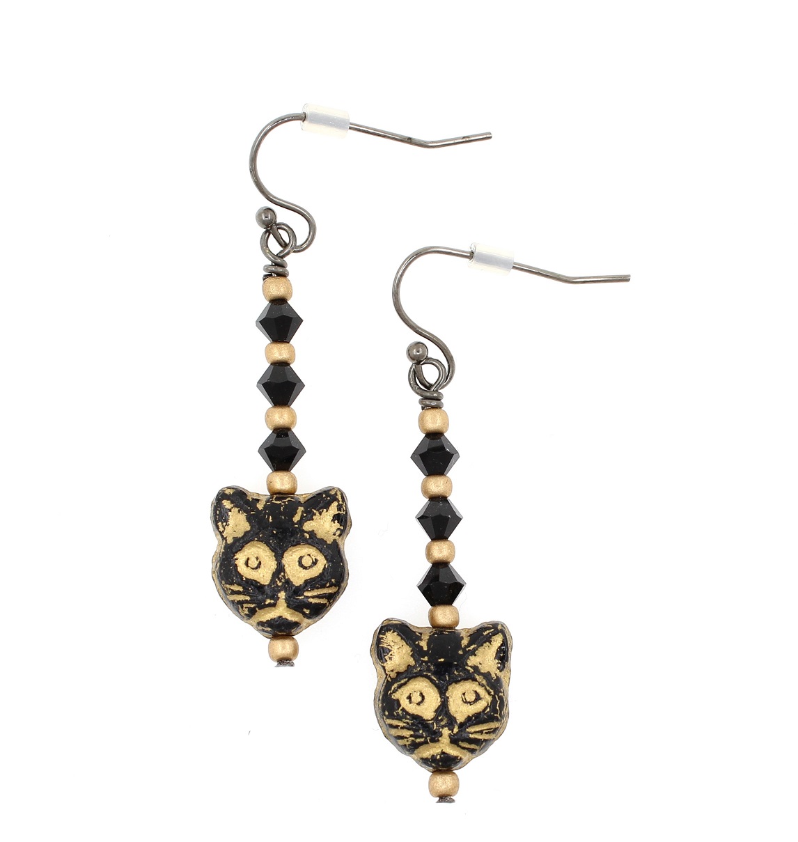 Czech Cat Glass earrings - Black, Clear & Gold - Haematite Plated