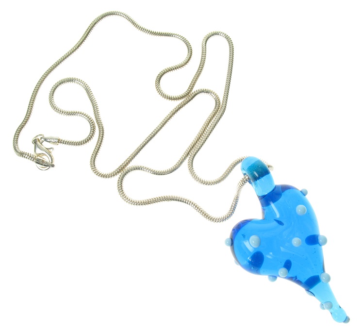 Abstract Puffed Lumpy Bump Heart Pendant & 925 Silver Snake Chain Set - Azure Blue