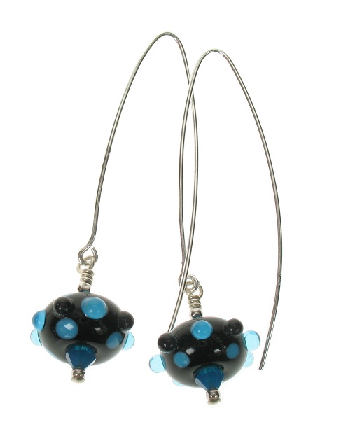 Moretti Glass Bead Hook Earrings - Black, Blue & Clear/Sterling Silver