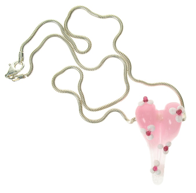 Glass Puffed Lumpy Flower Heart Pendant & 925 Silver Snake Chain Set - Pink