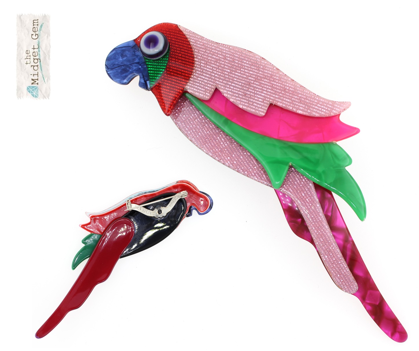 Léa Stein Perching Parrot Brooch - Pink, Green & Blue - NEW