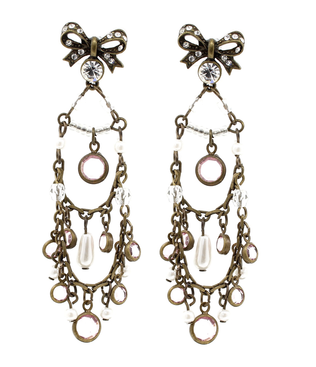 Lisbeth Dahl - Marie Antoinette Bow Drop Earrings - Vintage Gold/Pale Pink/Clear Swarovski Crystals BNWT
