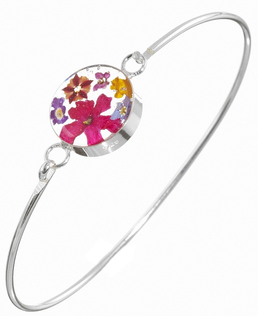 Mixed Flower Round Detail Bangle - Sterling 925 Silver