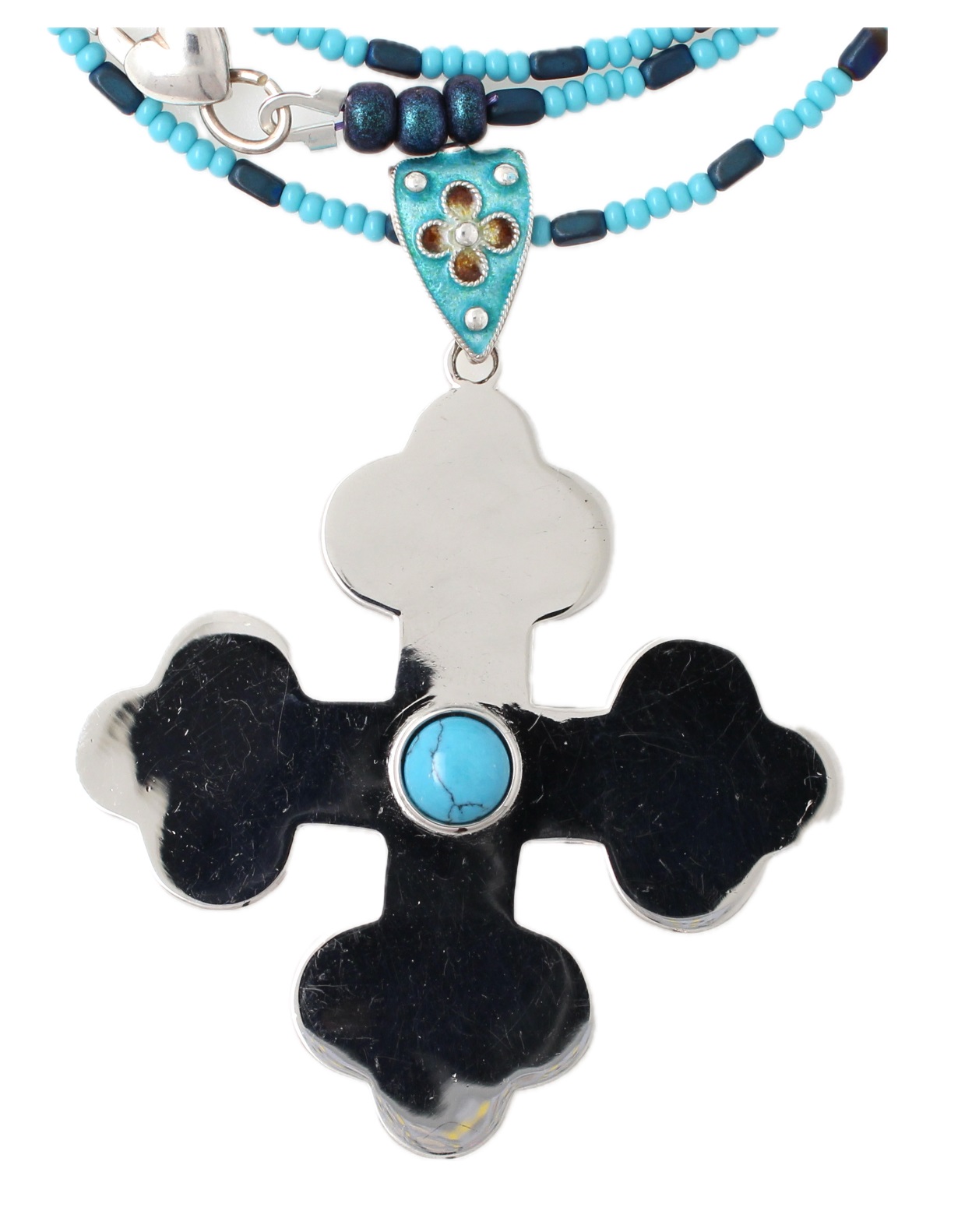 Cross-Bottony Pendant with Turquoise Cabochon, Glass Enamel Bail & Glass Chain - Brand New