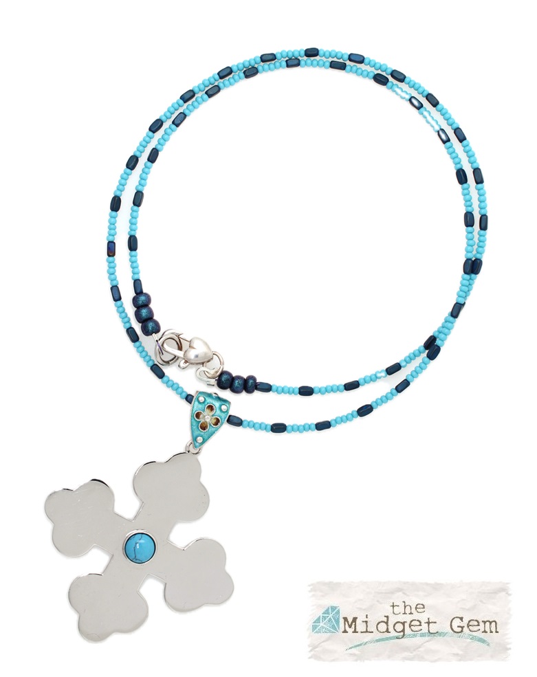 Cross-Bottony Pendant with Turquoise Cabochon, Glass Enamel Bail & Glass Chain - Brand New