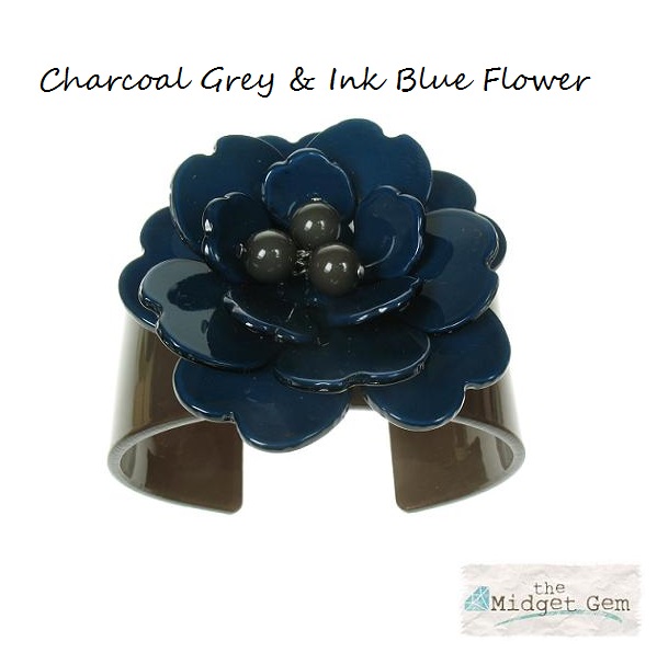 Peony Charcoal Grey Cuff & Ink Blue Flower - BIG BABY Bangle