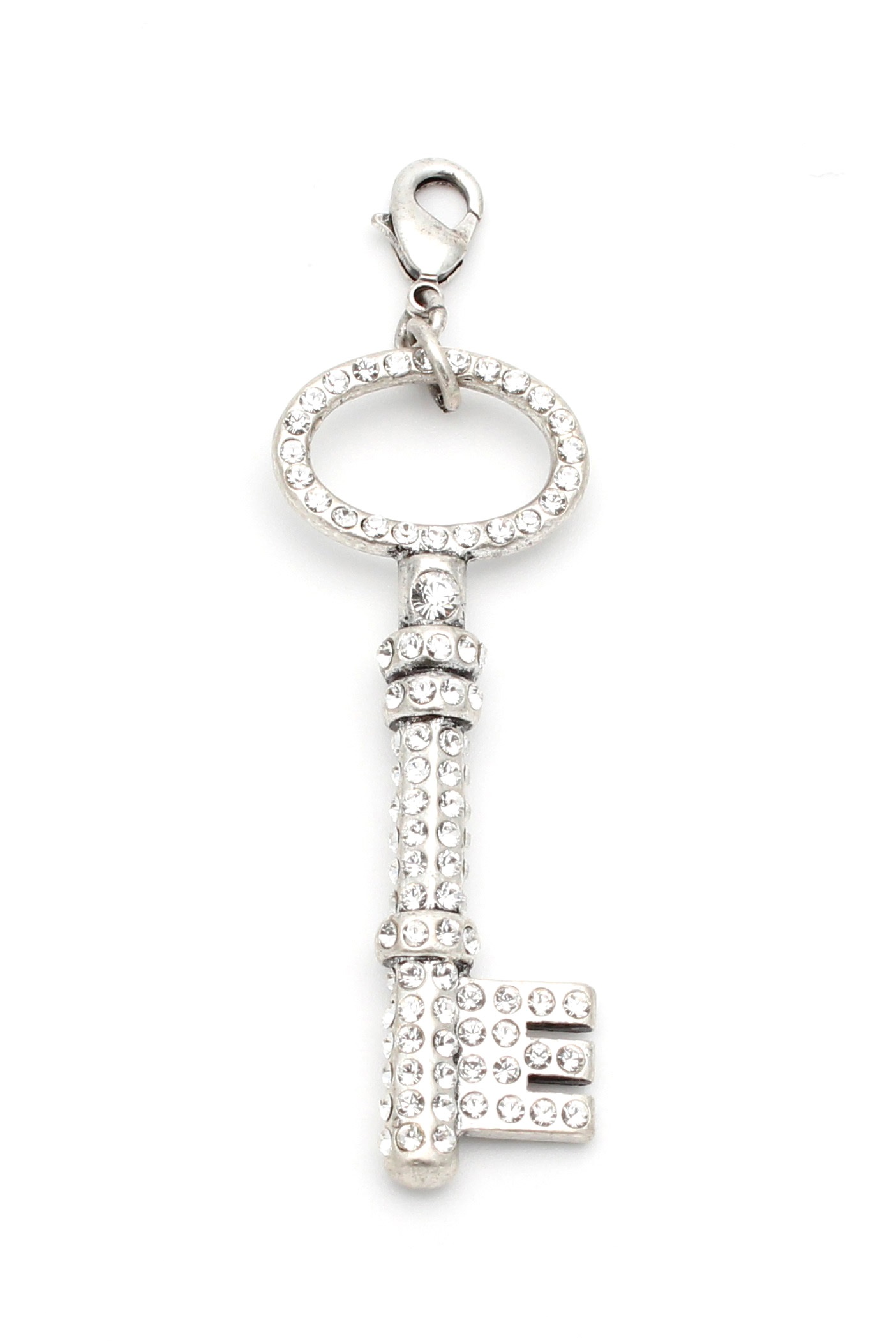 Pilgrim Charm - Large Size Swarovski Crystal Key Oxidised Silver & Clear