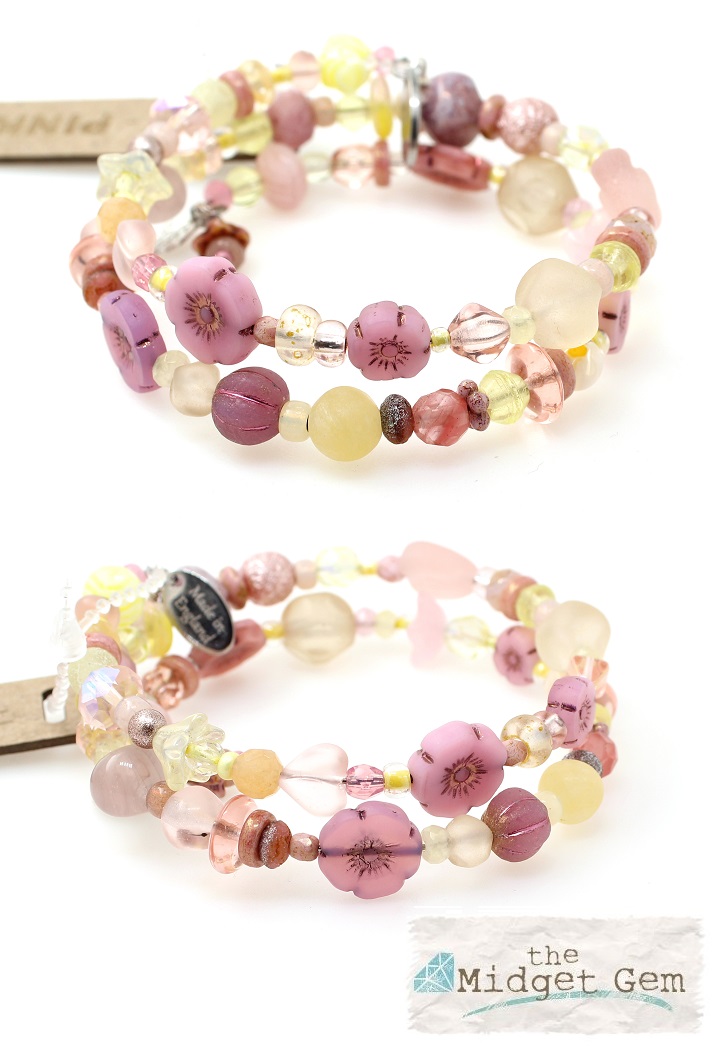 Pretty Pastel Pinks, Purples & Yellow Glass Mixture Double Loop Wrap Bracelet