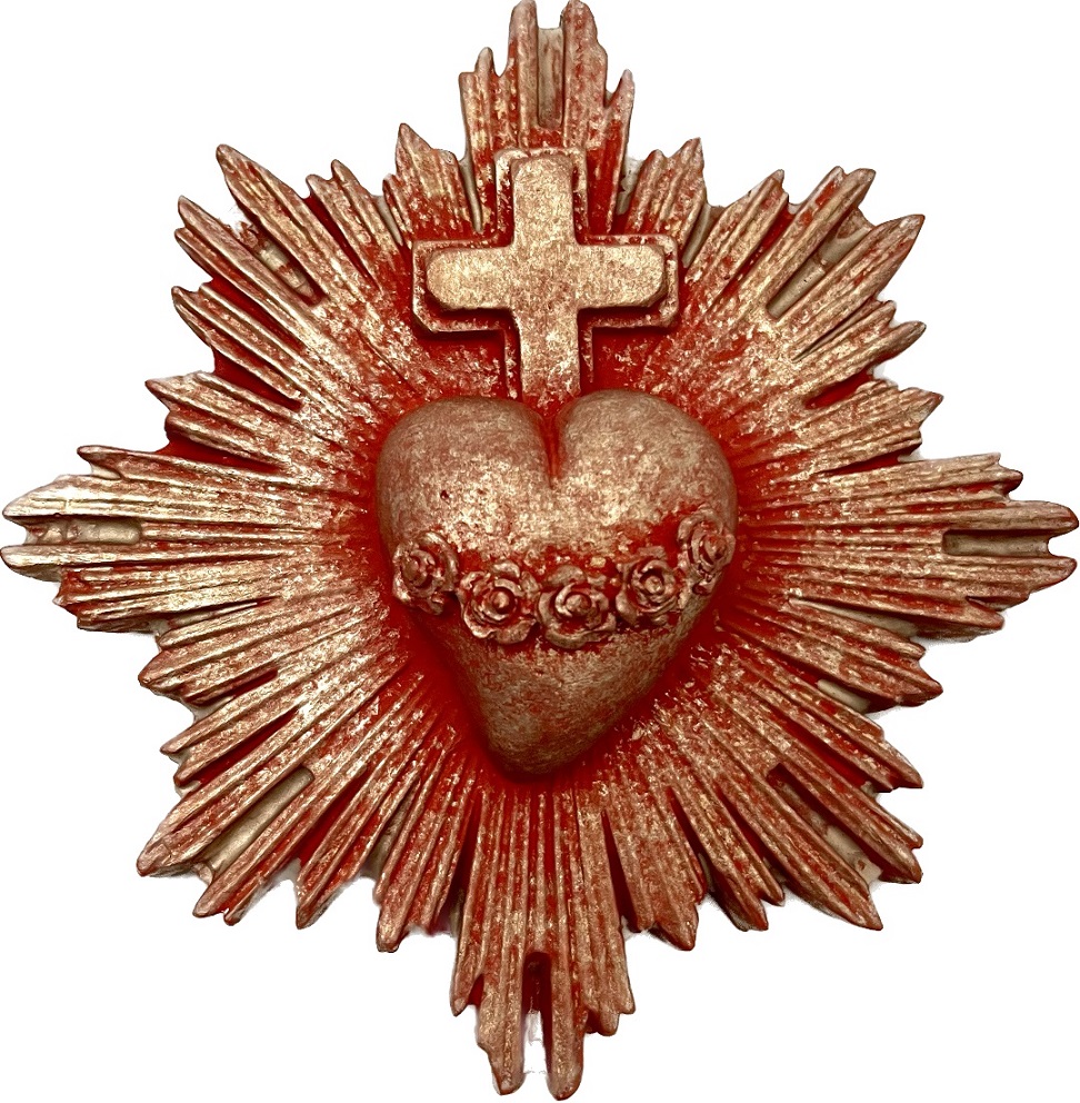 Sacred Milagro Heart & Cross Wall Plaque - Red & Gold Patina