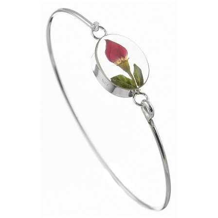 Rose Bud Flower Round Detail Bangle - Sterling 925 Silver
