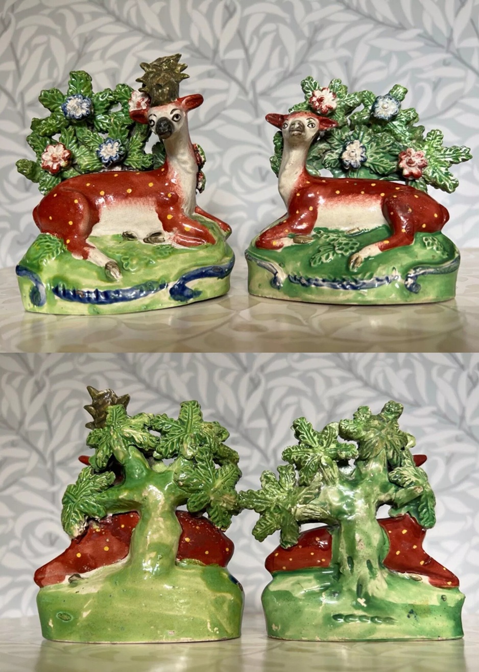 PAIR Good Quality Antique Staffordshire Pottery Stag Doe Deer Figurines - c1800