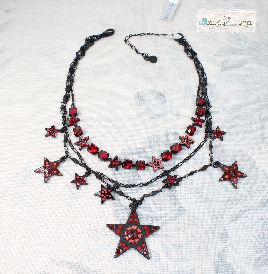 PILGRIM - STARS - Three Strand Necklace - Black Plate/Red Swarovski BNWT
