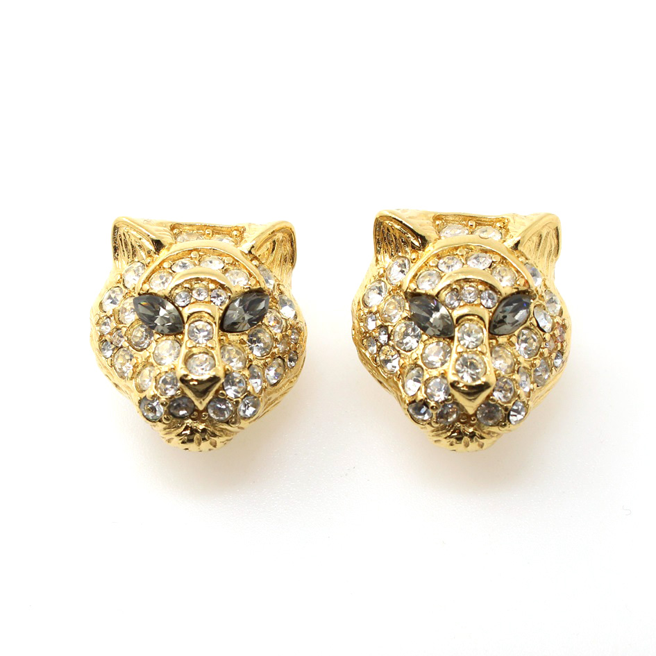 TRIFARI Vintage Large Tiger Clip-On Earrings Pave Crystals Gold Plate IMMACULATE