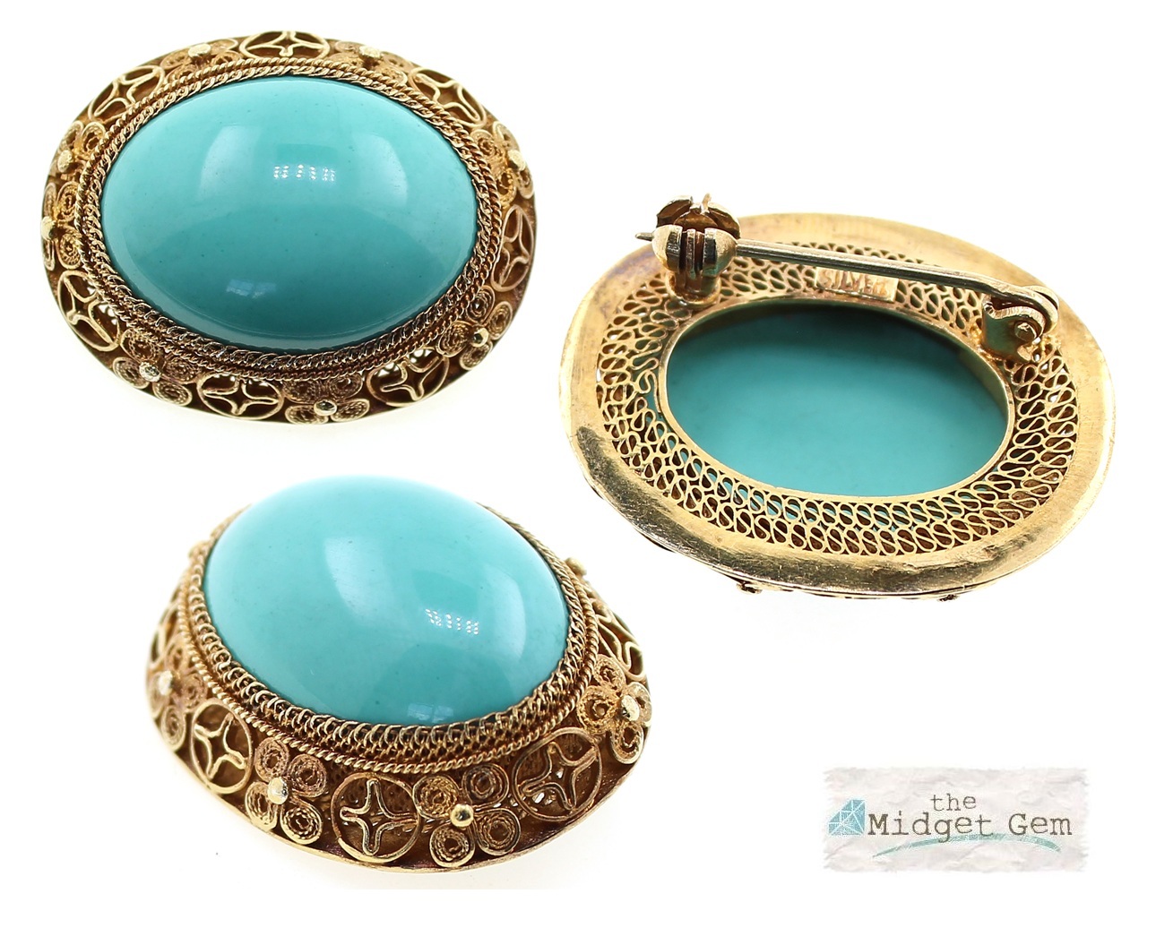 Exquisite Quality Vintage Silver Gilt Filigree Surround Turquoise Cabochon Brooch